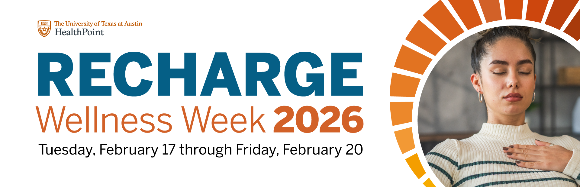 Recharge Wellness Week 2026 banner with dates Tuesday, February 17 through Friday, February 20 and woman meditating