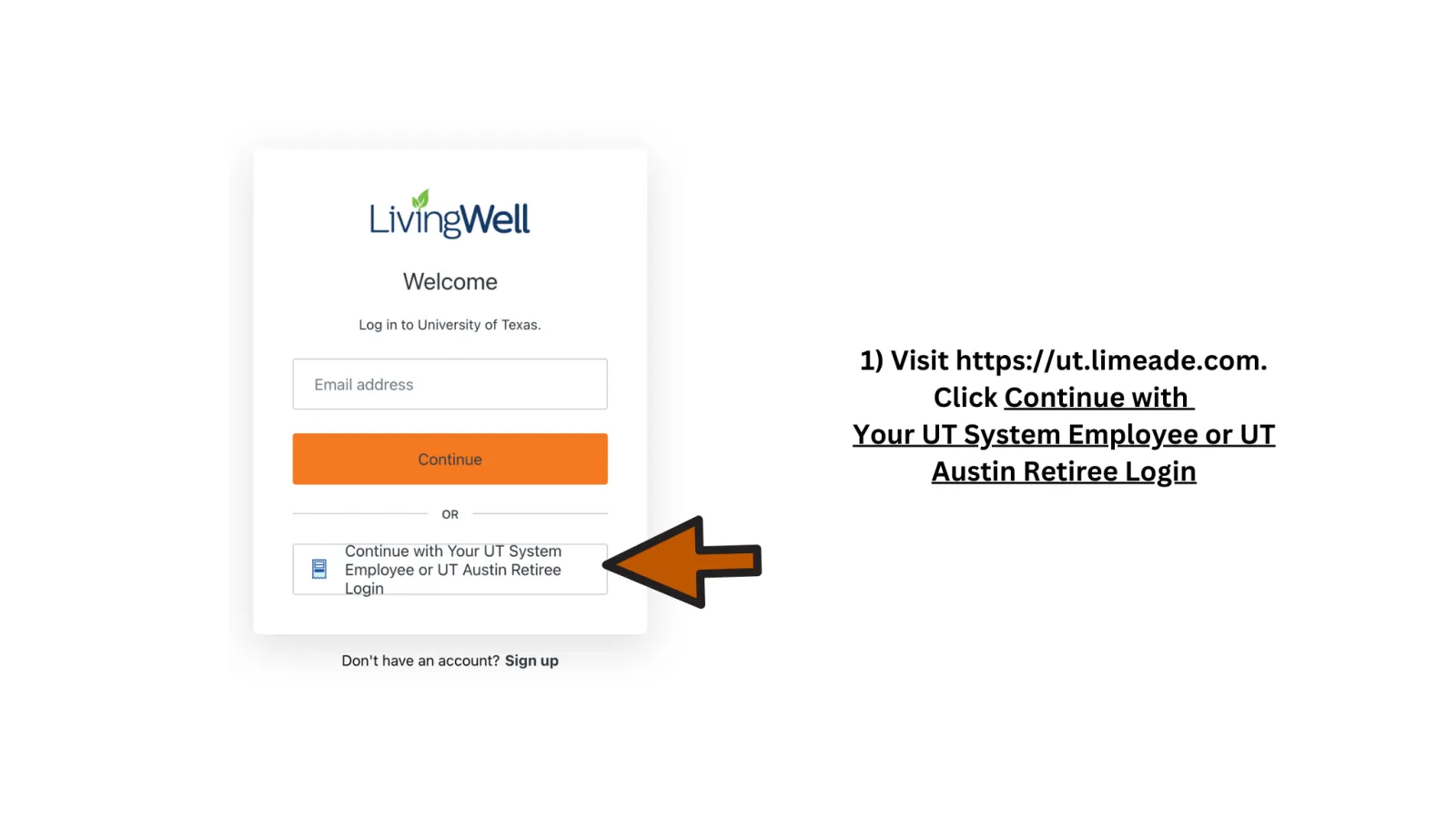 Living Well Login screen asking for email address or UT affliliation